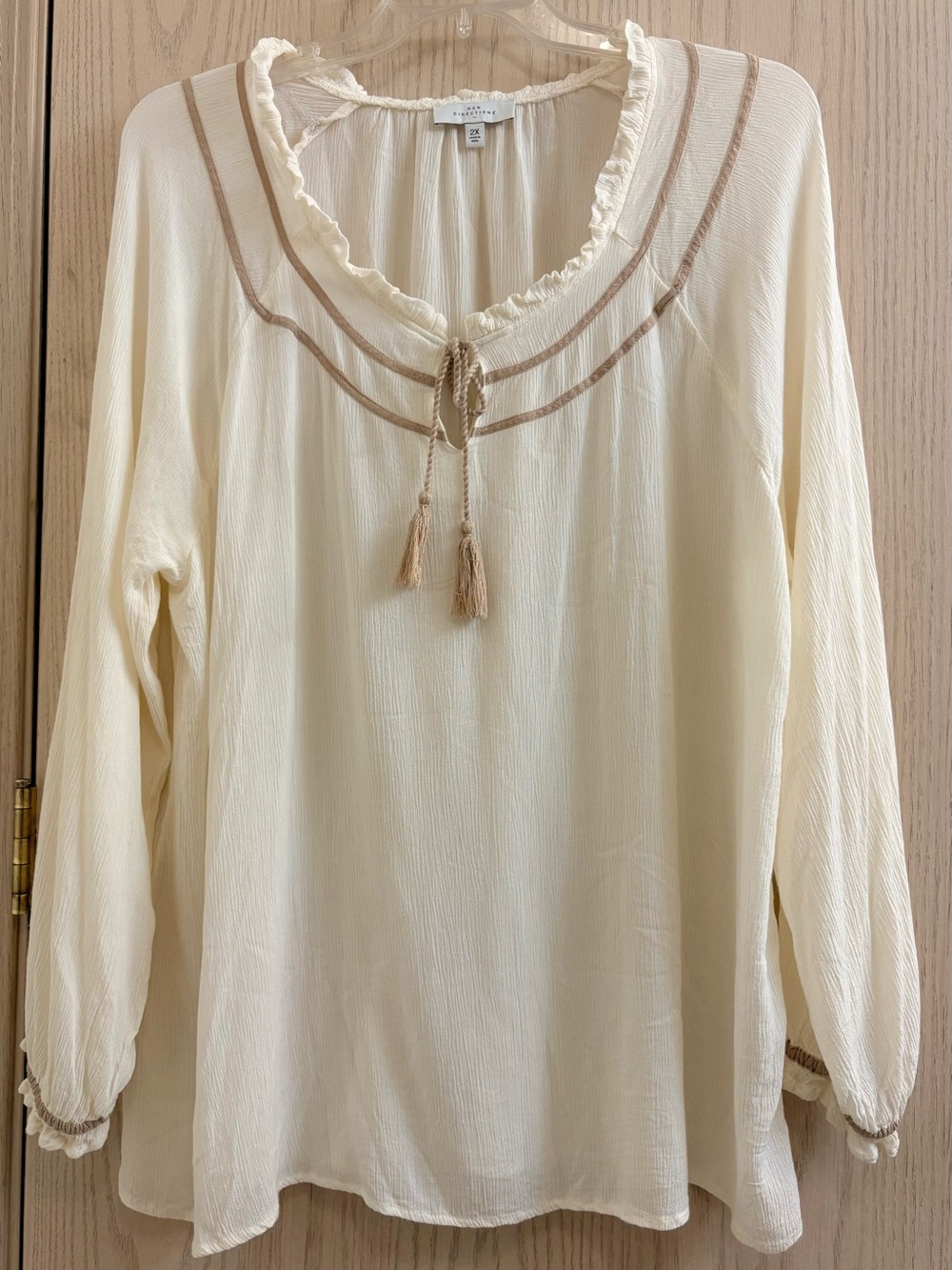 New Directions Cream Peasant Blouse with Tassel Tie and Taupe Accents